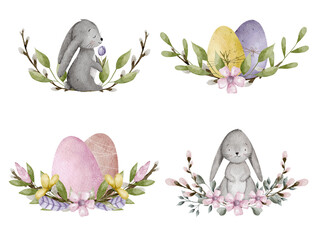 Watercolor bunny and Easter eggs compositions