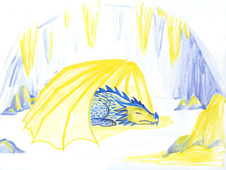 Peaceful blue and yellow dragon sleeping in a mysterious cave