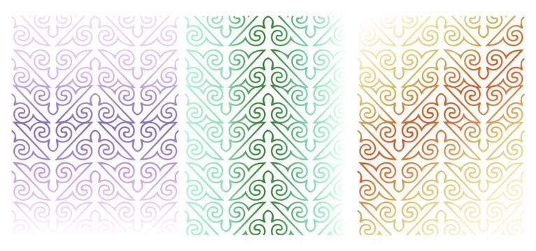 Set of kazakh patterns backgrounds. Transparent vector illustration. For design, wallpaper, card, banner, flyer. Ethnic ornament, national ornament. Decorative art of nomads.