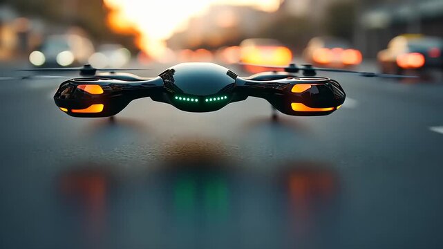 Innovative drone hovering over urban road at golden hour showcasing cutting edge technology and sophisticated design