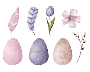 Easter watercolor elements set &ndash; eggs, flowers, leaves
