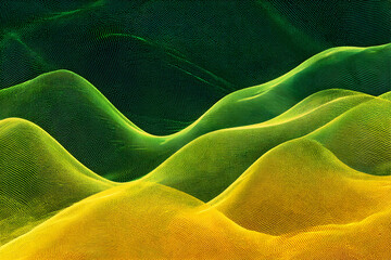 Dynamic abstract terrain of glowing green and yellow dots creates a futuristic, flowing landscape perfect for technology or science themes.