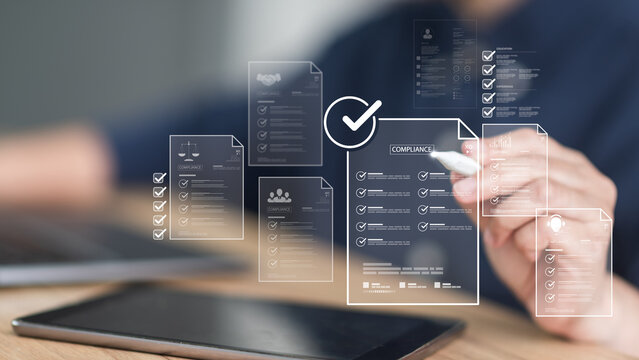 Digital compliance management ensures business alignment with law, regulation, and policy, using legal document validation through tablet interface with structured checklist strategy