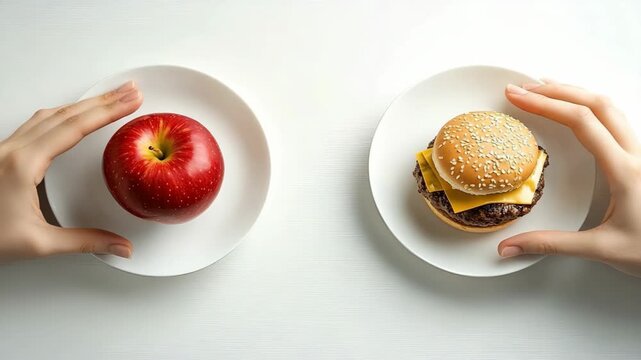 Hands reach toward an apple and a burger on white plates, illustrating a common dilemma of healthy versus indulgent food choices