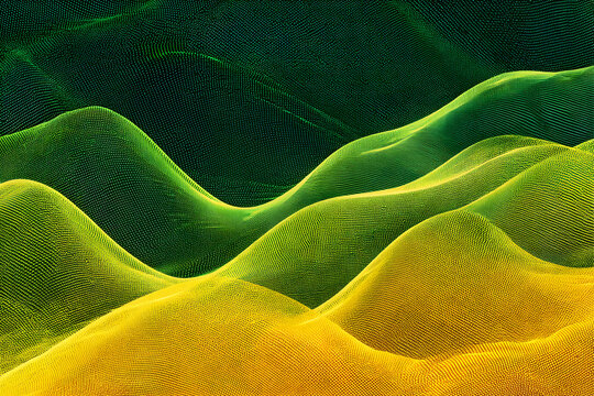 Dynamic abstract terrain of glowing green and yellow dots creates a futuristic, flowing landscape perfect for technology or science themes.