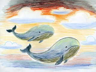 Whimsical drawing of two whales flying through a colorful sky