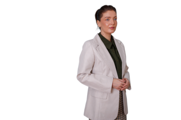 Professional businesswoman standing, arms clasped, looking away, confident corporate portrait with transparent background