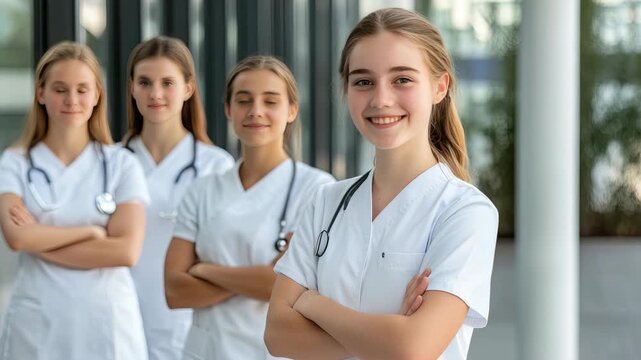 A team of dedicated healthcare workers stands together, showcasing teamwork and commitment in a modern environment