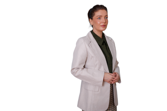 Professional businesswoman standing, arms clasped, looking away, confident corporate portrait with transparent background