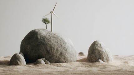 Miniature renewable energy structure and small tree ascend from a large stone upon sandy terrain