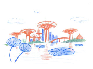 Vibrant crayon sketch of modern eco-city with water and lotus leaves