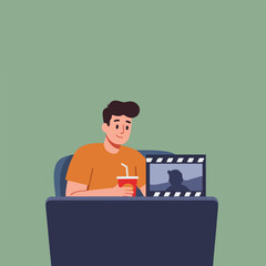 An illustration of a man with drink enjoying media. There is a film clapperboard in front of the laptop