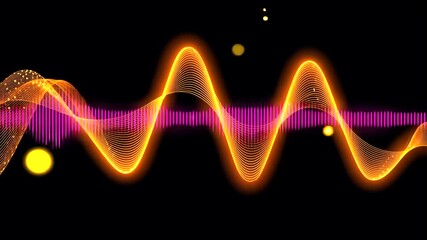 Glowing orange waves and purple bars on black, with scattered yellow orbs - Powered by Adobe