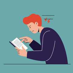 A frustrated man with red hair studies a book, with stress symbols above his head on a teal background