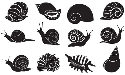 Snail and Seashell Silhouette Vector Set | Marine Mollusk Clipart Collection .