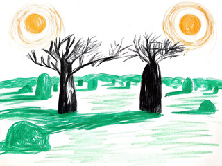Whimsical crayon drawing: dual suns illuminate abstract landscape