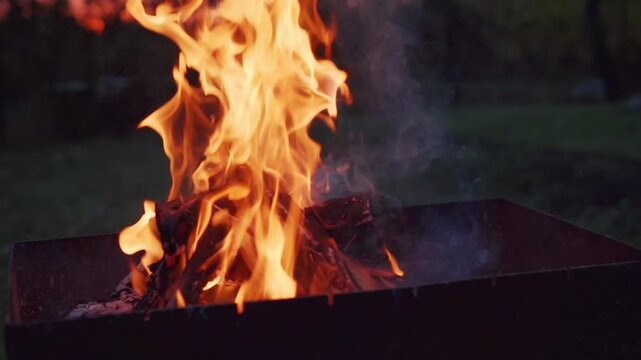 bonfire burning in the dark, sparks flying, wood burning in the fire flame, barbecue fireplace, night, time outdoors