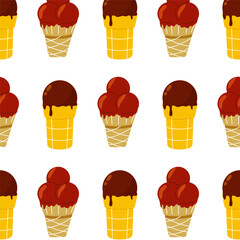 Colorful ice cream cones in a neat, repeating pattern with chocolate drizzle on a white background for summer delights