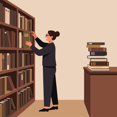 A person in a business suit is at a library bookshelf, smiling and reaching for a book. Stack of books nearby