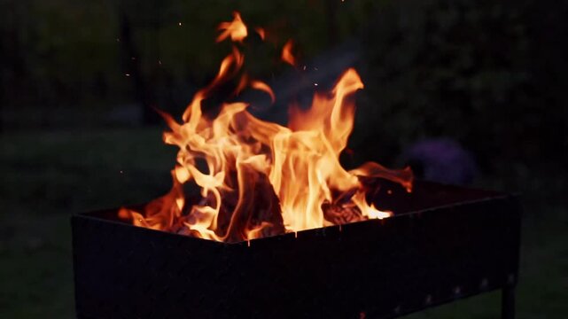 bonfire burning in the dark, sparks flying, wood burning in the fire flame, barbecue fireplace, night, time outdoors