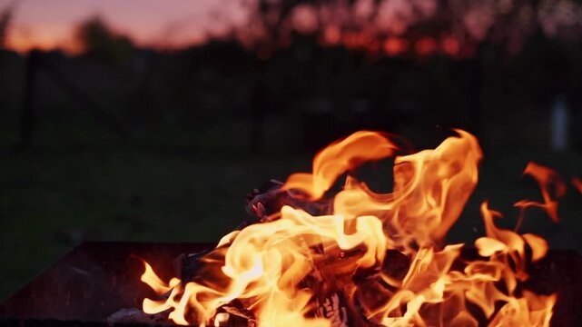 bonfire burning in the dark, sparks flying, wood burning in the fire flame, barbecue fireplace, night, time outdoors