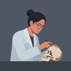An illustration shows a woman in lab coat with glasses, examining a human skull with a tool