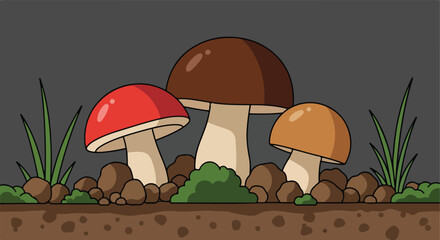Cartoonish illustration of three mushrooms in a scene with grass, rocks, and soil