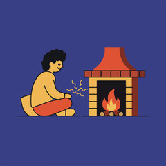 A person sits near a fireplace. Flames blaze within the hearth. Cartoonish style on a navy blue background