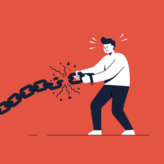 An illustration shows a person breaking a chain. Expressing freedom, power, and overcoming obstacles against a red backdrop