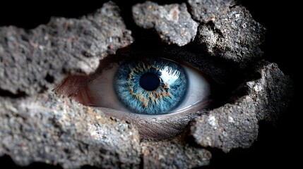 Human blue eye peers intensely through a rough opening in dark material