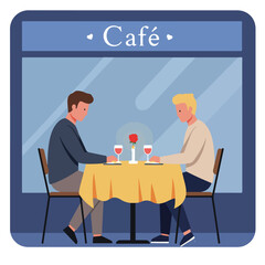 Two men sit at a cafe table, wine glasses and a rose candle. "Cafe" sign above. Simple design