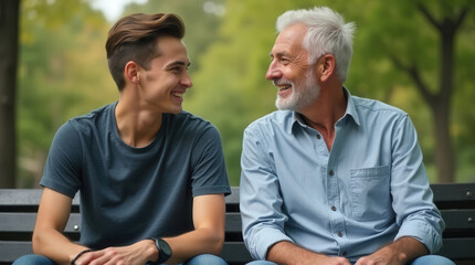 Young man and elderly man smiling while sitting on bench in park  