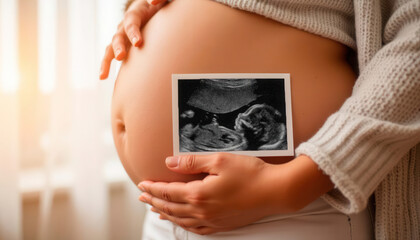 Pregnant woman holding ultrasound photo on her belly at home