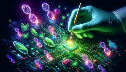 Gloved hand drawing glowing dna strands and scientific symbols on a digital circuit board