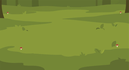 Cartoon forest scene with trees, grass, and mushrooms