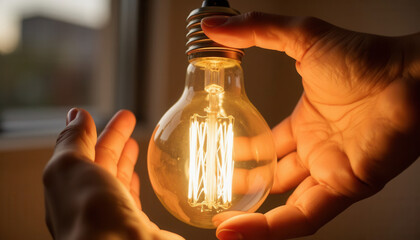 Two hands holding a glowing light bulb in warm indoor lighting  