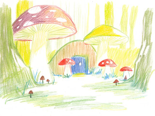 Whimsical forest scene with a hobbit house and colorful mushrooms