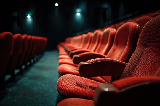 Empty movie theater rows of red seats