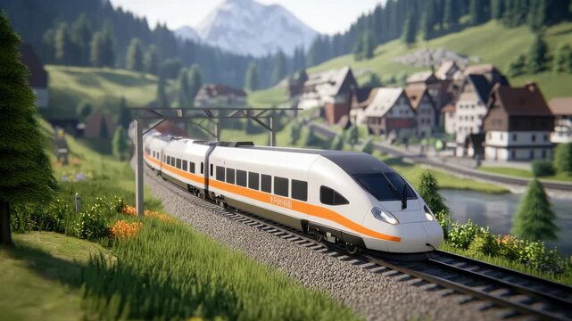 A sleek train glides along tracks, showcasing stunning scenery of lush hills and quaint homes under a clear sky