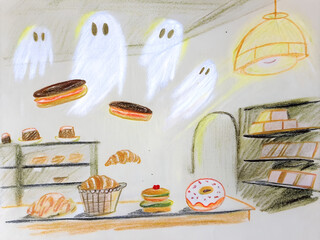 Whimsical bakery with friendly ghosts and floating pastries drawing