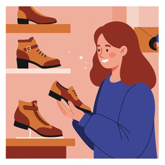 A woman smiling while holding a shoe in a shop with shelves of footwear, in a pastel, cartoon illustration