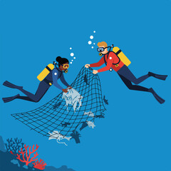 Two scuba divers, equipped with gear, collect trash from the ocean with a net, illustrating environmental cleanup