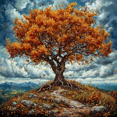 A lonely tree with orange leaves on top of a hill in autumn.