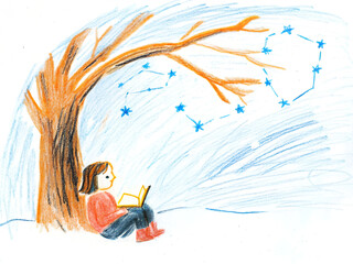 Young child lost in reading book, sparking imagination and stars