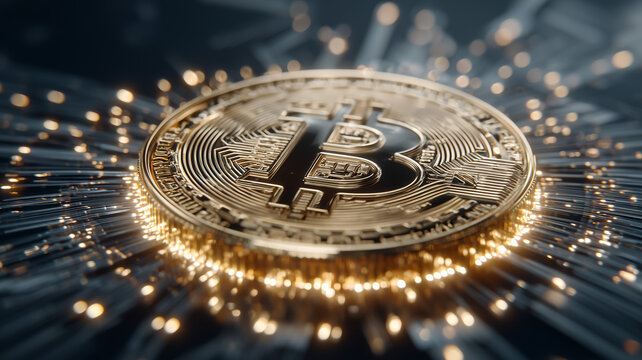 Bitcoin cryptocurrency coin with glowing sparks in abstract background