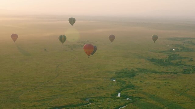 Multiple hot air balloons drift in soft dawn light above expansive plains of Maasai Mara National Reserve, Kenya.