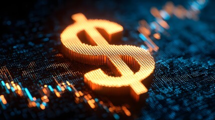 Three dimensional glowing currency symbol rests on a digital technological surface with abstract data lines