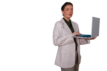 Businesswoman standing, holding laptop and working, managing tasks with technology, transparent background