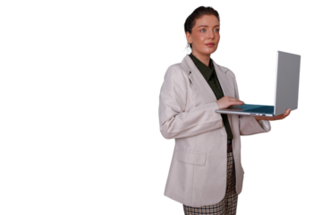 Businesswoman standing, holding laptop and working, managing tasks with technology, transparent background