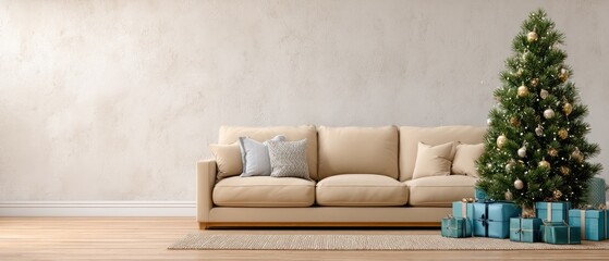 A cozy living room features a Christmas tree and an elegant sofa, creating a warm and festive atmosphere for the holiday season